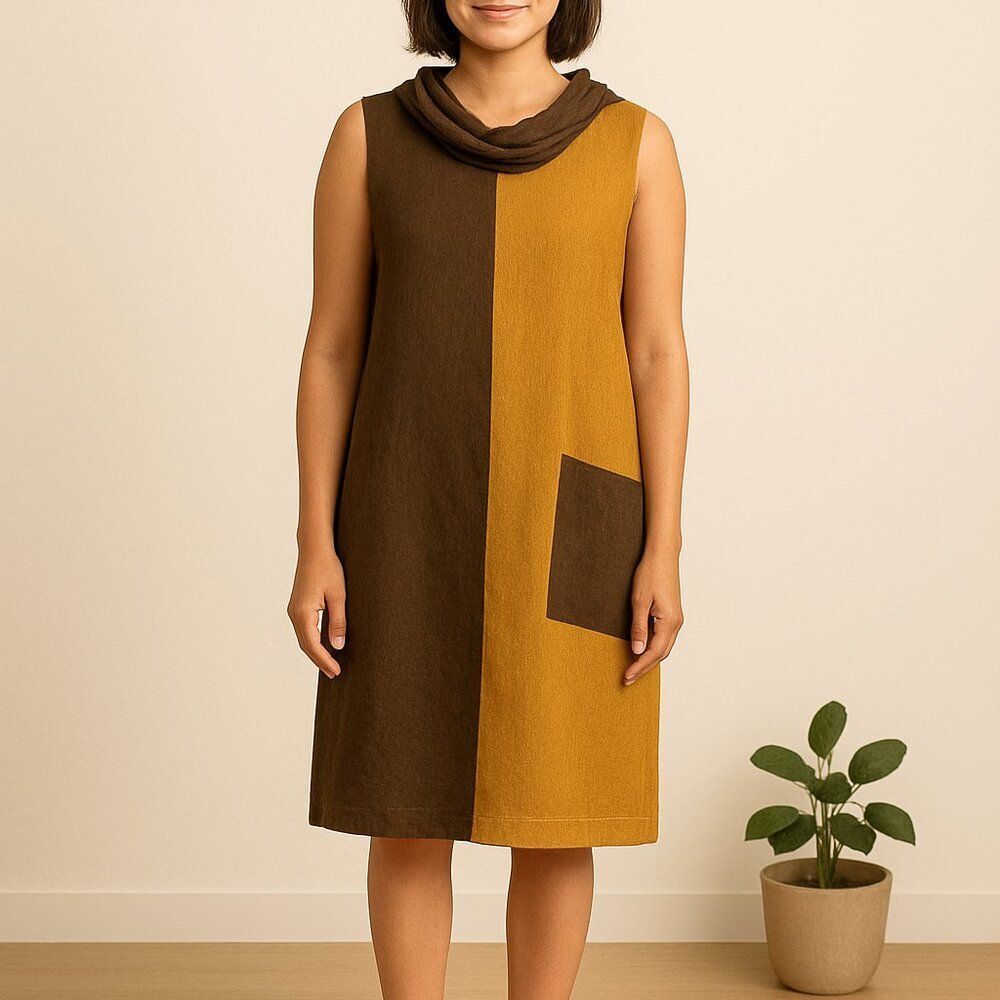 Chalet brown and pumpkin color block sweater dress with large front pocket, M